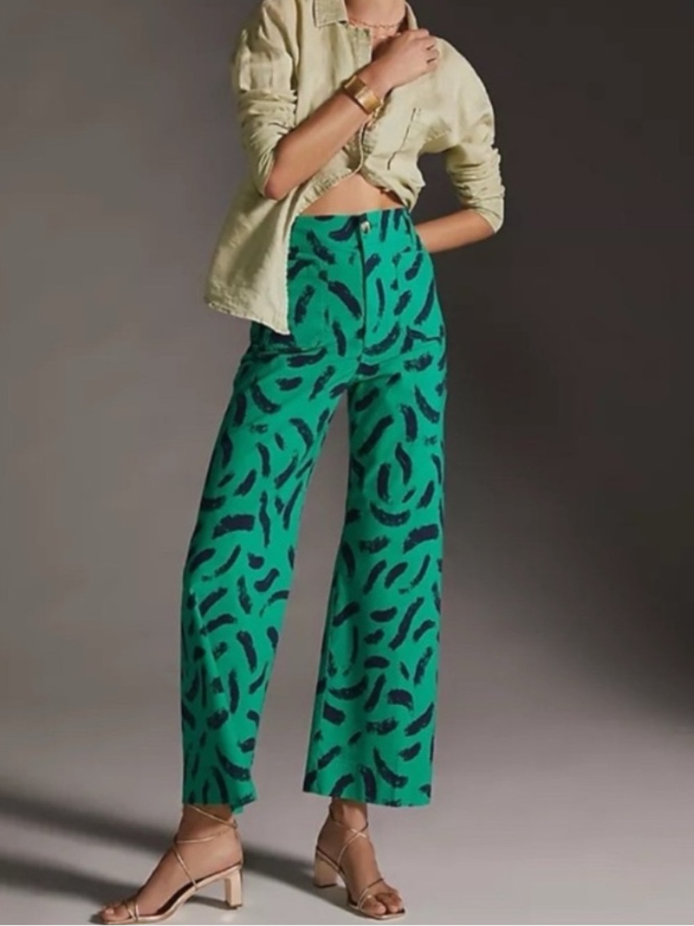 Maeve The Colette Cropped Wide Leg Pants Green Print Size 30 Anthropologie